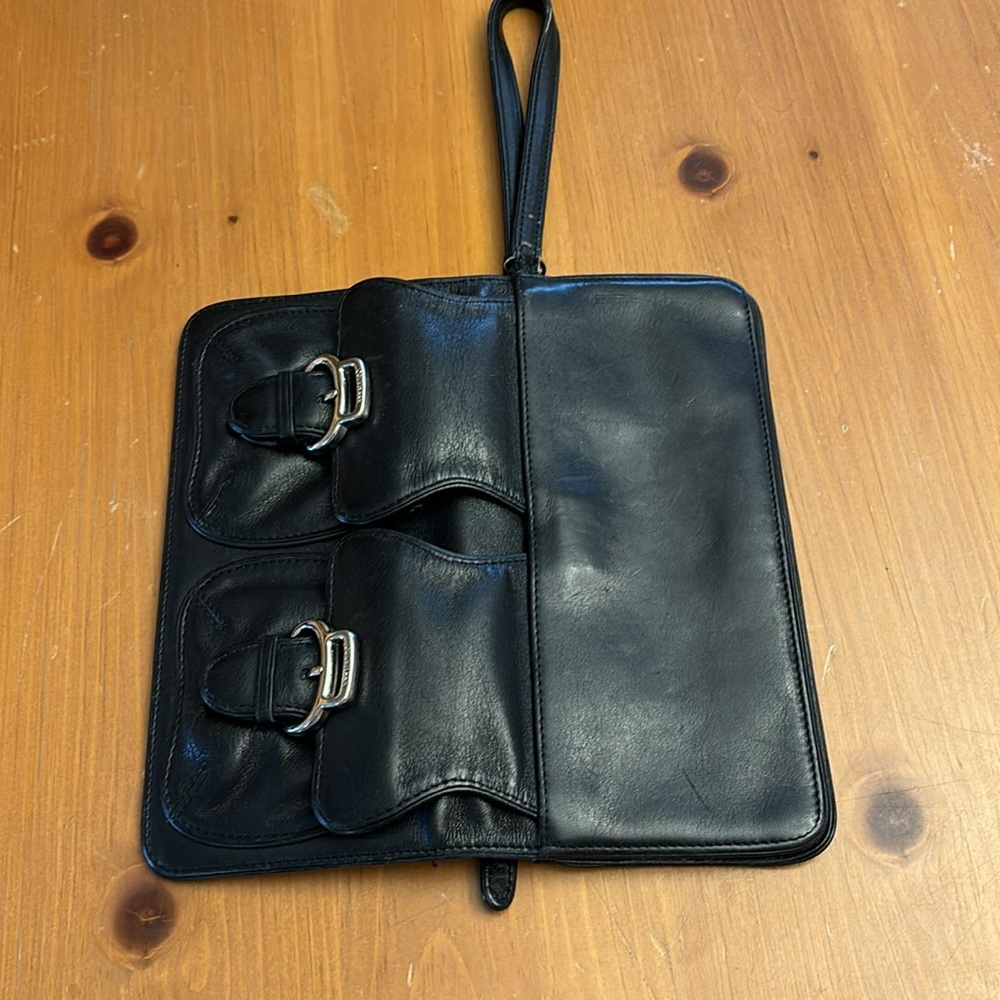 COLE HAAN Alexa Leather Wristlet Wallet Black Bi-Fold Buckles Pockets Cards - Picture 6 of 9